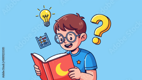 Young student reading book with question mark and lightbulb illustration