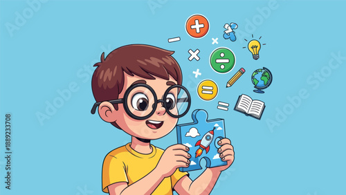Young student solves puzzle with math symbols and learning elements