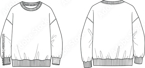 Crewneck sweatshirt flat sketch, front and back view, ribbed cuffs and hem, unisex casual fleece apparel design template for fashion industry