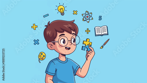 Young student solving puzzle with education elements illustration