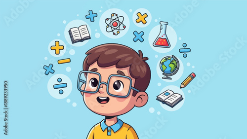Young student surrounded by educational icons representing knowledge and learning