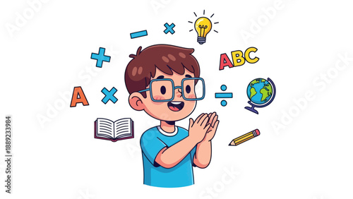 Young student surrounded by educational symbols and concepts on white background