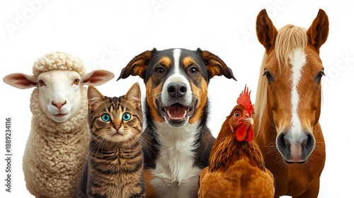 Sheep, tabby cat, tricolor dog, brown chicken, and chestnut horse standing side by side on white background.