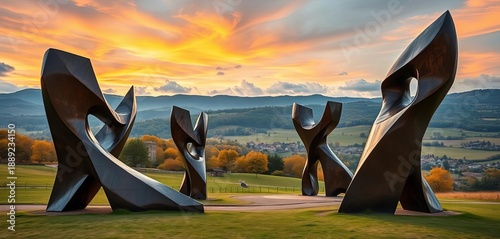 Modern abstract bronze sculptures in Romanian landscape,   art installation,  installation