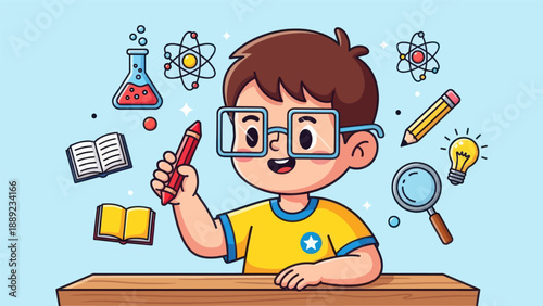 Young student surrounded by science and education elements cartoon illustration