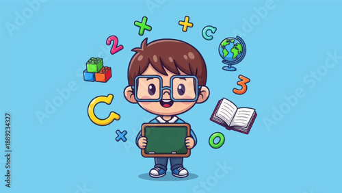 Young student with chalkboard surrounded by educational elements illustration