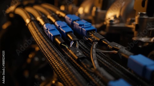 Close-up Tracking Shot of V12 Engine Wiring Harness with Deutsch Connectors