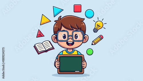 Young student with chalkboard surrounded by geometric shapes and ideas