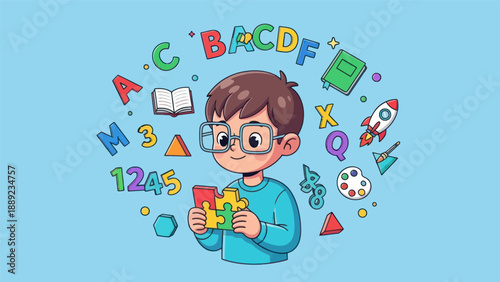 Young student with glasses solving puzzle surrounded by education symbols