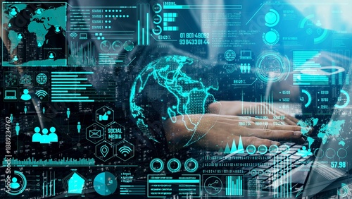 Data center monitoring dashboard visualize network performance, connection status, usage rate, and telecommunication insight. Data center monitoring efficiency improvement network transparency. Thunk