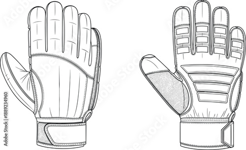 Professional goalkeeper gloves illustration, front and back views, padded sports hand protection, durable grip design, athletic soccer equipment concept for stock use