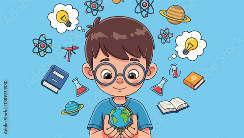 Young student with planet globe and science thought bubbles on blue background