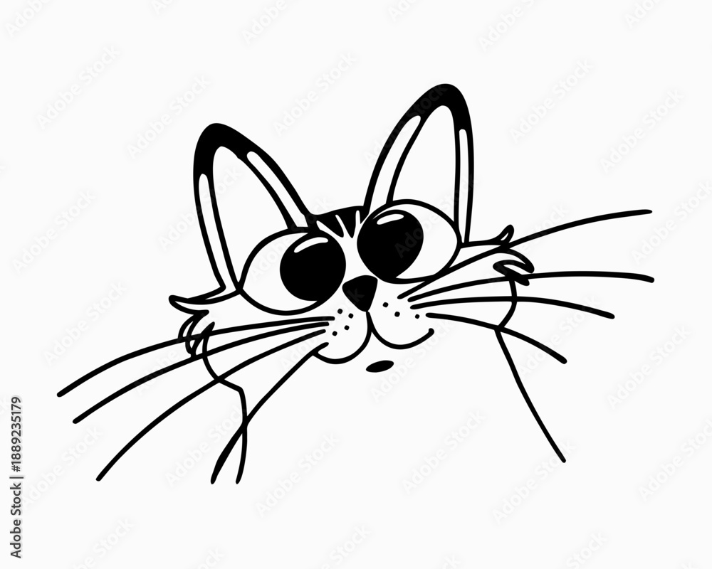 Obraz premium Funny black and white line drawing of a cute cat face with big expressive eyes and whiskers. Perfect for stickers, emojis, pet branding, children’s designs, coloring pages, and social media graphics.