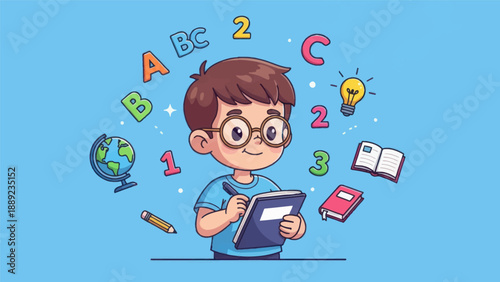 Young student writing in notebook surrounded by learning elements cartoon