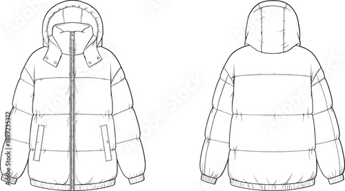Puffer winter jacket illustration, hooded insulated outerwear design with front zipper, cold-weather fashion coat for outdoor activities, hiking, camping, everyday streetwear