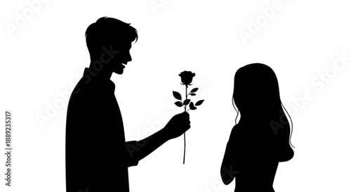 Man offers a rose to a woman in a loving gesture, expressing deep affection and romance