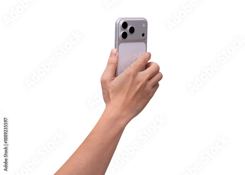 Wallpaper Mural Rear view of hand holding smartphone mockup isolated on transparent background. Back side of mobile phone mockup for copy space. Torontodigital.ca