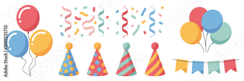 Colorful party element set on white background - Suitable for birthday flyers, social media graphics, or celebratory blog posts.