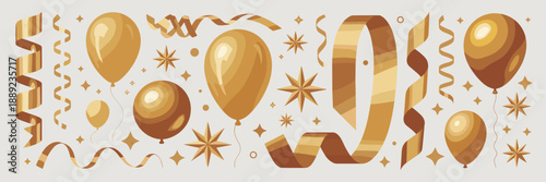 Luxury gold party elements with metallic balloons and stars - Perfect for anniversary galas, wedding invitations, or premium event branding.