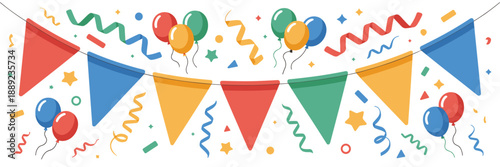 Colorful festival bunting and balloon vector set - Perfect for outdoor fair promotions, street festival flyers, or school events.