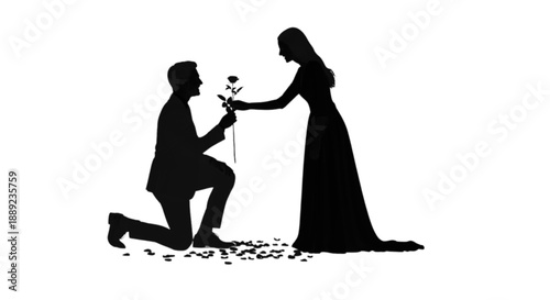 Romantic silhouette of a man kneeling and offering a rose to a woman