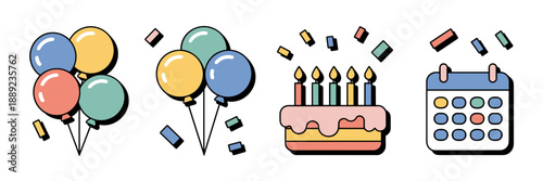 Office birthday celebration icons with cake and calendar - Perfect for internal HR newsletters, workplace culture blogs, or Slack icons.