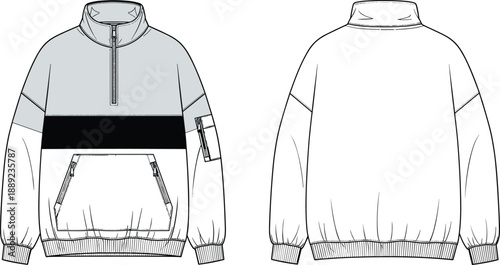 Sporty half-zip pullover mockup, technical streetwear fleece design, front and back flats, utility pocket details, cozy winter apparel illustration