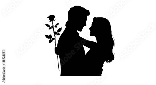 Romantic silhouette of a couple in a tender embrace with a single rose