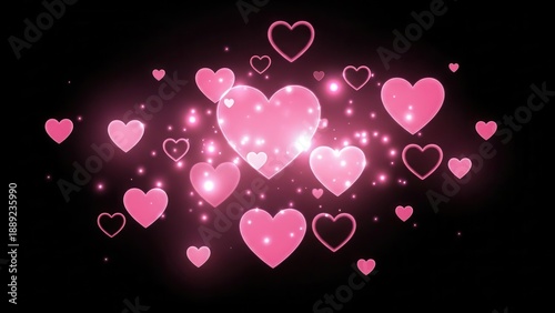 Glowing pink hearts on a dark background with sparkling particles, perfect for romantic and festive designs