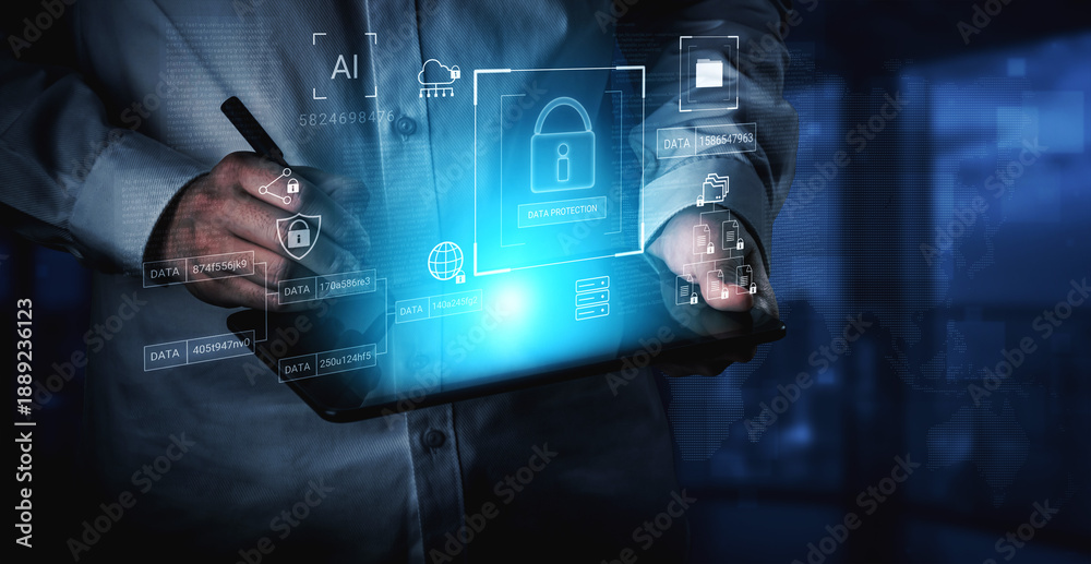 Obraz premium Digital padlock surrounded by data security diagrams representing encryption, network protection, and secure information management Parse