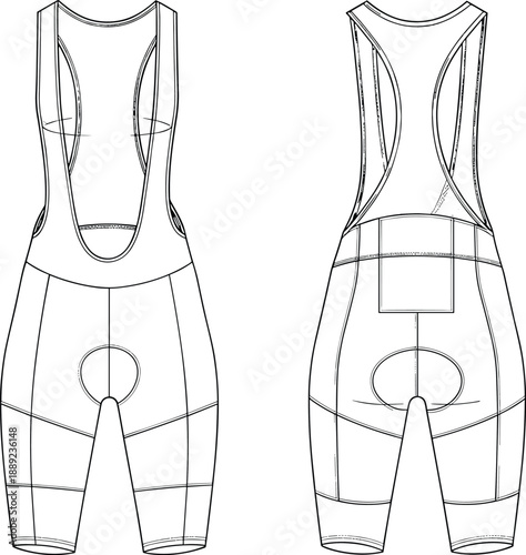 Technical cycling bib shorts apparel illustration, front and back view, detailed sportswear fashion template for garment design, product development, and manufacturing