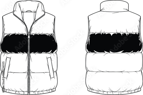 Technical flat illustration of sleeveless puffer vest front and back with zipper, high collar, contrast panel, fashion apparel vector template