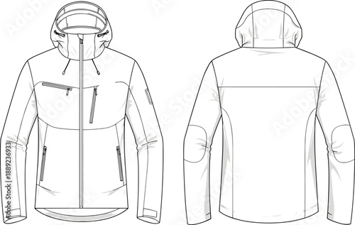 Technical outdoor jacket illustration, hooded softshell apparel flat drawing, front and back view, waterproof zipper pockets, fashion design vector template