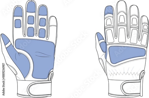 Technical sports glove illustration, protective handwear flat drawing, front and back view, apparel design sketch, padded performance glove vector artwork