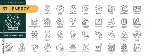 A collection of Energy icons set with editable stroke, including electric light, water, green, global, data, technology, ai, solar, batery, smart plug, tranmission. Thin linear vector illustration.