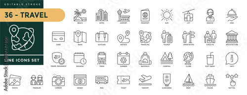 A collection of Travel icons set with editable stroke, including tourism, tourist transport, location, releated of traveling and tourism element.. Thin linear vector illustration