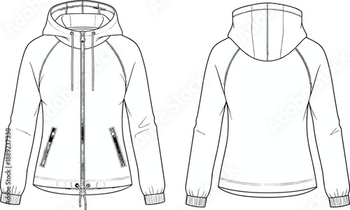 Women’s technical hooded jacket illustration, front and back view, detailed apparel fashion template for clothing design, outerwear development, and garment production
