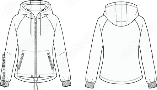 Women's technical hooded jacket illustration, front and back view, detailed apparel fashion template for clothing design, outerwear development, and garment production
