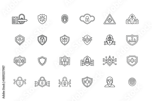 Cyber Security Outline Vector Icon Set with Line Art Symbols of Data Protection Network Security Encryption Firewall Privacy Hacking and Digital Safety for Web App UI Branding and Print Design
