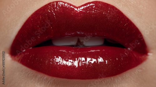 Close-Up of Glossy Red Lips with Sparkle, Showcasing Smooth Texture and Vibrant Shade Ideal for Beauty Editorials and Cosmetic Promotions
