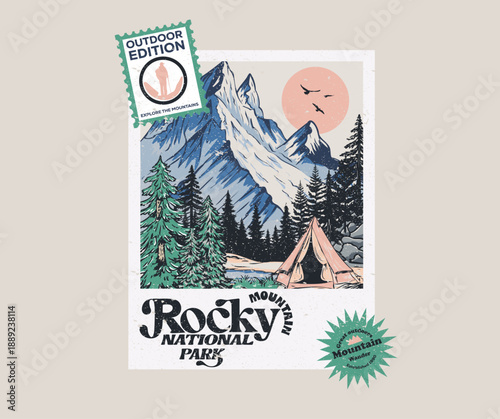 Rocky mountain national park art. Summer adventure. Mountain Outdoors t shirt vector design. Mountain artwork for apparel, sticker, batch, background, poster and others.