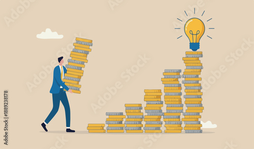 Compound interest effect, high return investment stock market or growth and prosperity economic concept, businessman investor holding high of dollar money coins to put as growth compound graph.