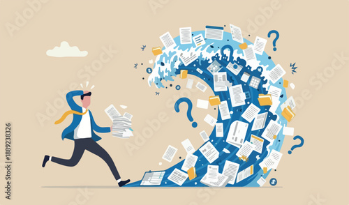 Overwhelmed or work overload, exhausted and anxiety, stressed and tired from problem trouble, panic attack or shocked, burnout and depression concept, fearful businessman runaway paperwork.