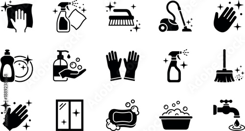 Cleaning and sanitation icon set, black solid vacuum spray bottle gloves sponge and housework tools vector housekeeping symbols,