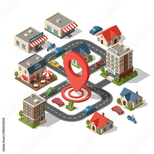 Isometric Map Pin with Buildings and Road.