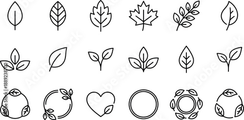 Nature leaf icon set with black outline foliage, organic eco friendly symbols, autumn maple and spring sprout vector,