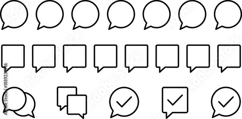 Speech bubble and chat icon set, black outline talk cloud symbols, message notification and check mark vector elements,