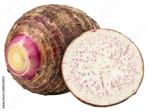 Photos Whole and Sliced Taro Root with Inner Purple Veins Isolated on a Dark Surface