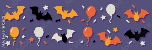 Spooky Halloween party icons with bats balloons and stars