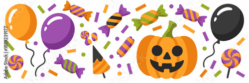 Childrens Halloween party flat icons with candy and friendly pumpkin
